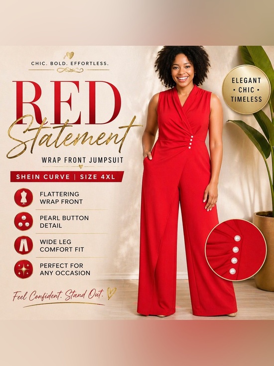 SHEIN Pants - Red Wrap Front Wide Leg Jumpsuit Plus Size 4XL Sleeveless Dressy Evening Party